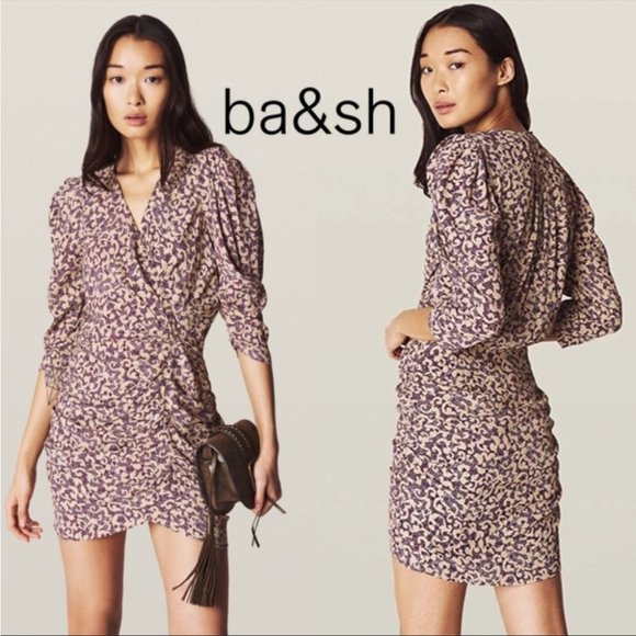 ba&sh Dresses & Skirts - BA&SH Beige Maroon Patterned Ruched Long sleeve Mini V-Neck Wrap Dress SP